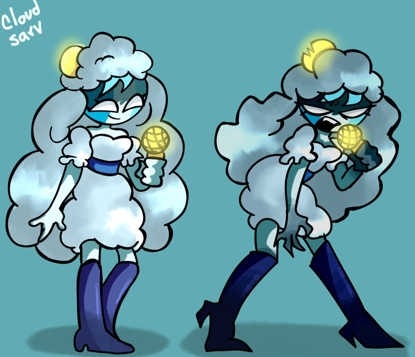 1girl, alternate_universe, banana3, blue_background, boots, clouds, dress, friday_night_funkin'