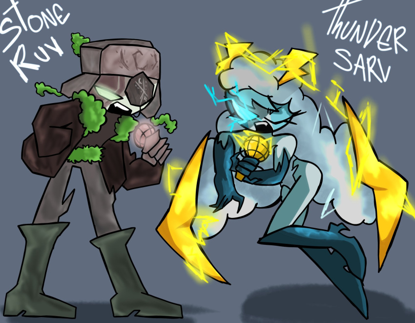 1boy, 1girl, alternate_universe, banana3, english_text, friday_night_funkin', friday_night_funkin'_crystal, grey_background