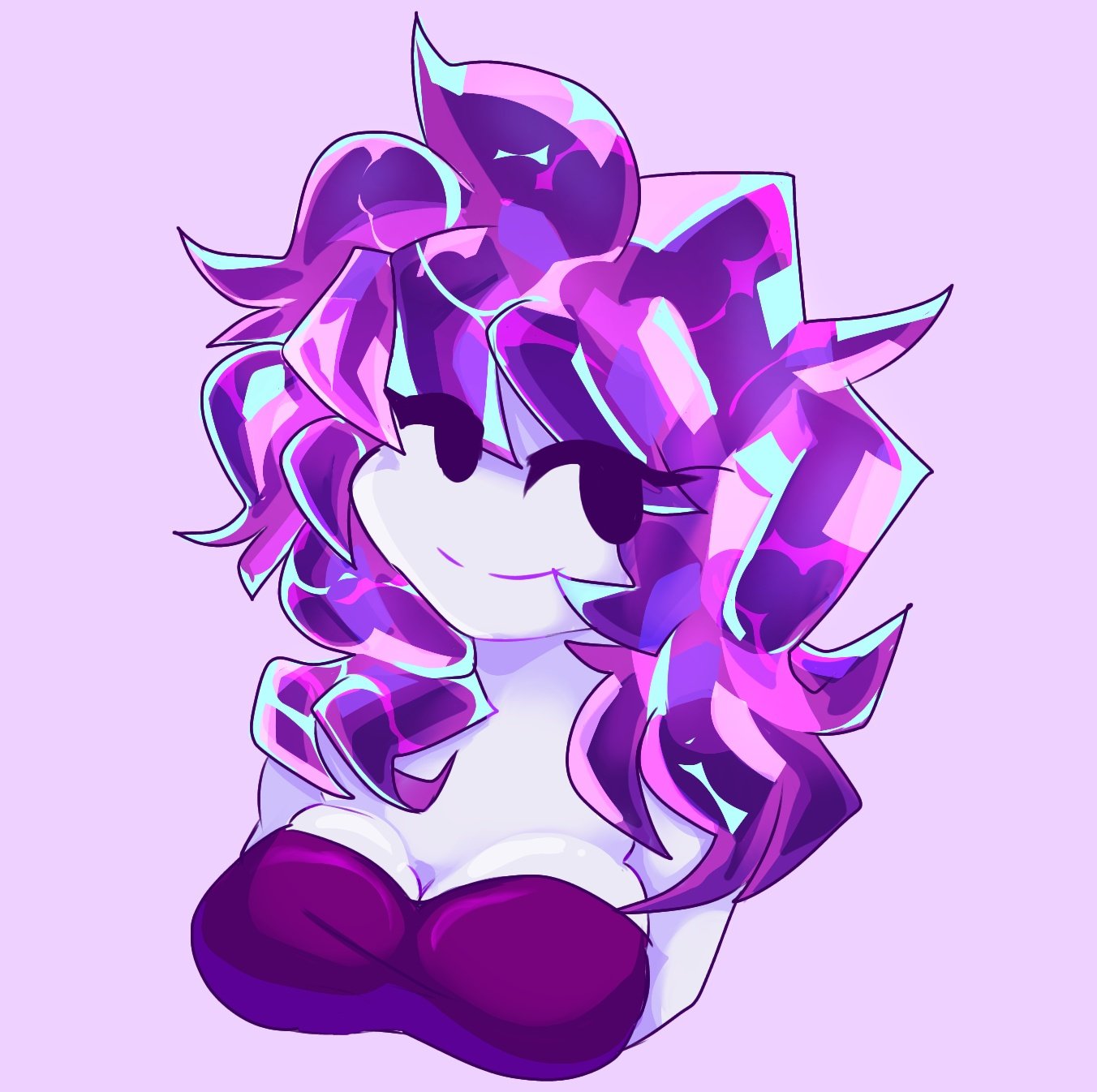 1girl, alternate_universe, breasts, cleavage, friday_night_funkin', friday_night_funkin'_crystal, girlfriend_(friday_night_funkin'), lycanthopz, pink_background, purple_hair, simple_background, smile, solo, white_skin