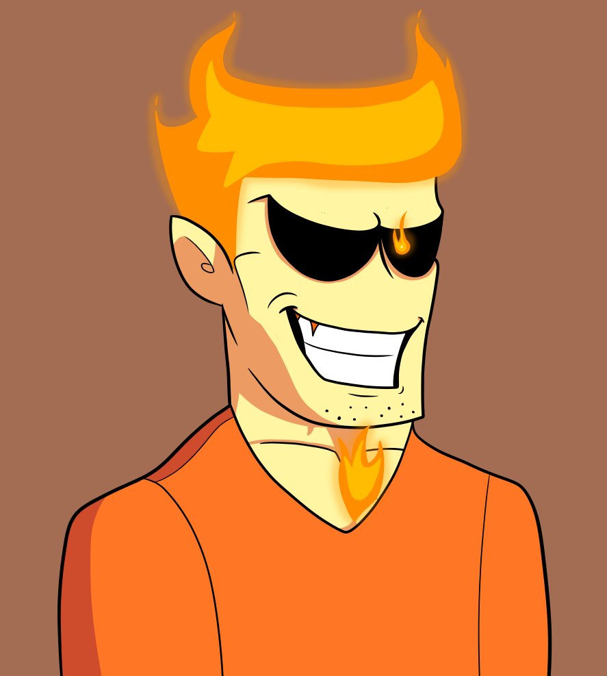 1boy, alternate_universe, brown_background, daddy_dearest, dickard_john, fire, flaming_eye, flaming_hair