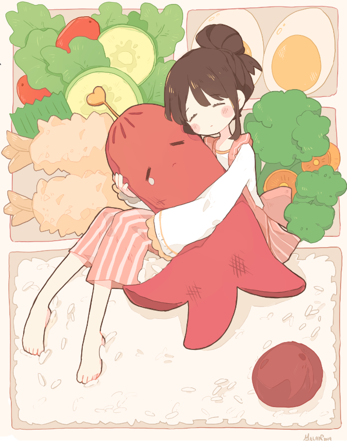 1girl, =_=, ^_^, bangs, barefoot, bento, blush_stickers, broccoli