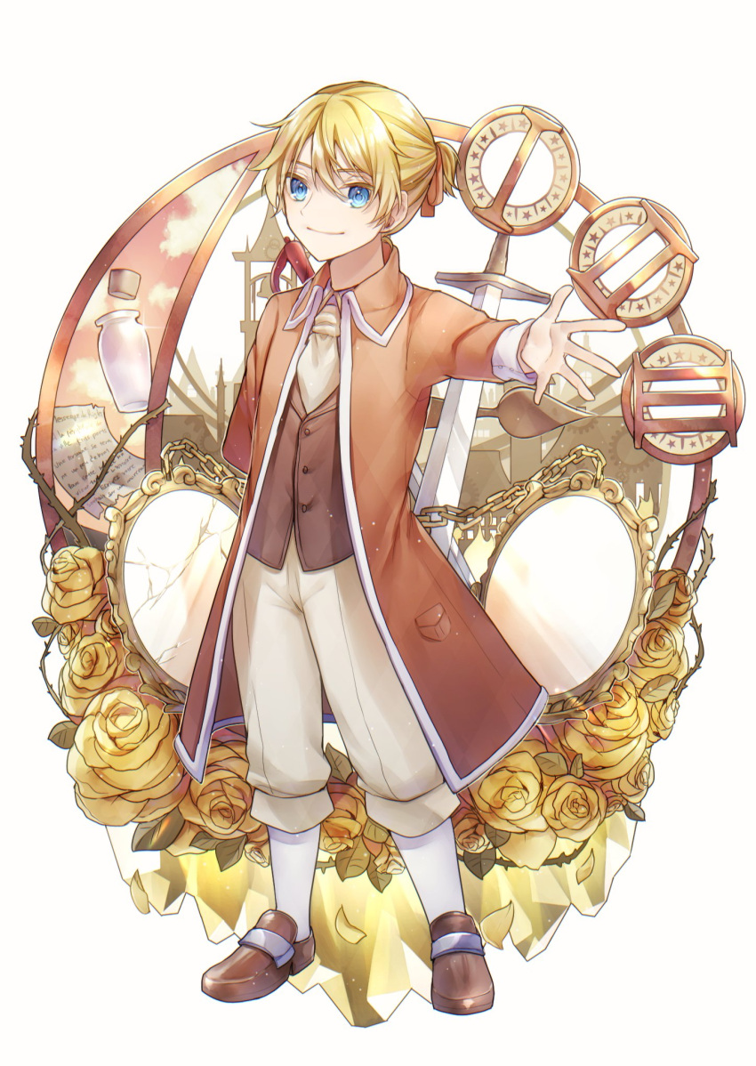 1boy, aku_no_meshitsukai_(vocaloid), allen_avadonia, aryuma772, ascot, beige_pants, bell_tower, blue_eyes