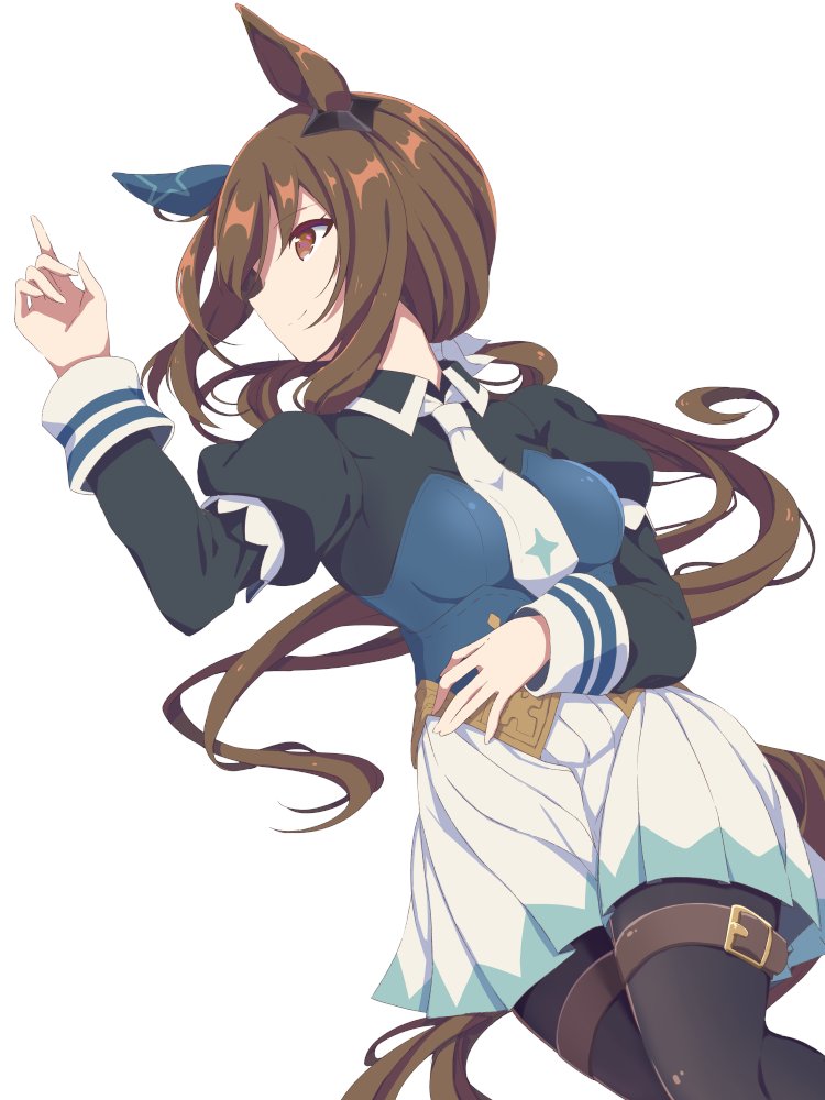 1girl, admire_vega_(umamusume), animal_ears, bangs, belt, black_legwear, black_shirt, bodice
