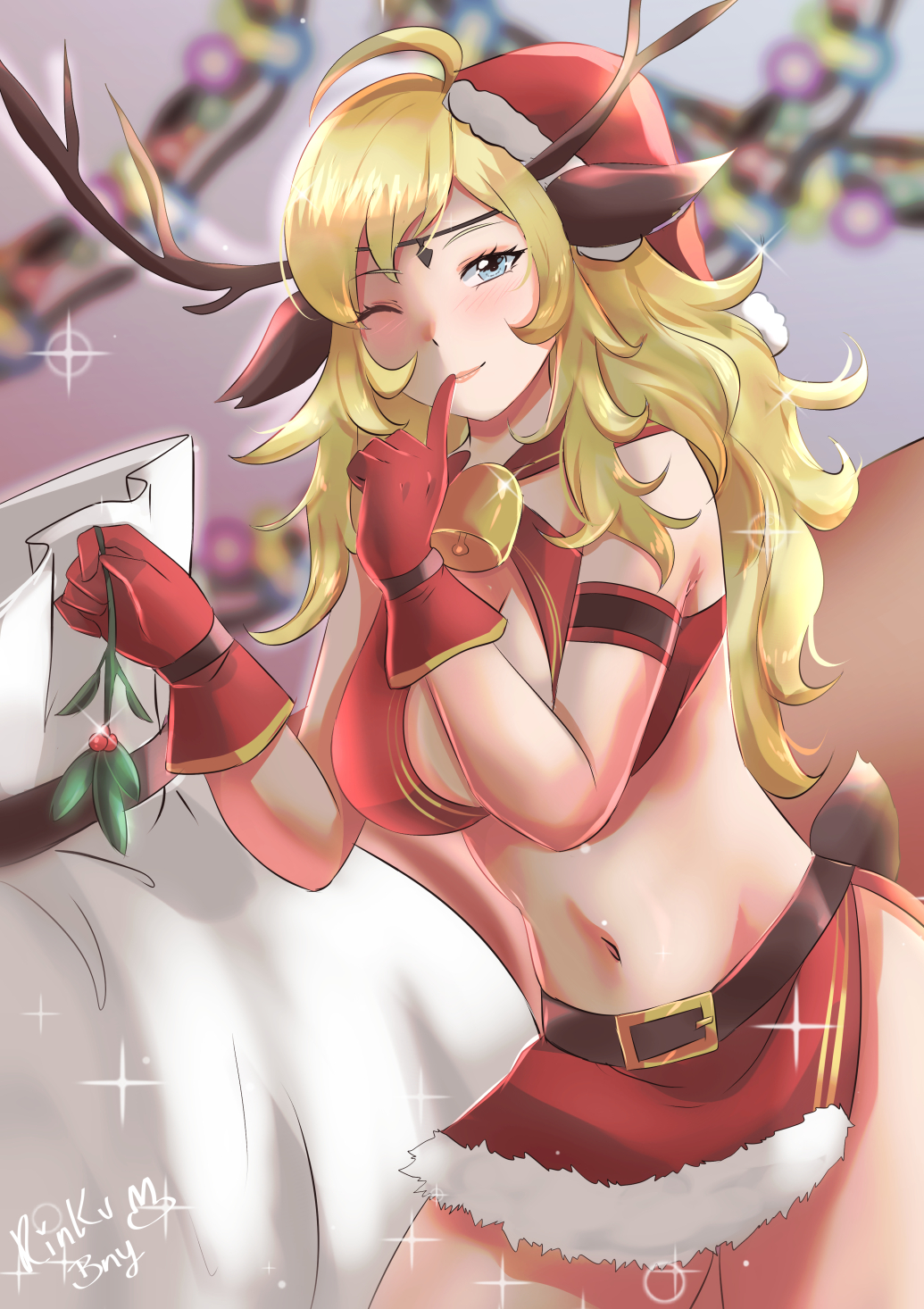 1girl, alternate_costume, antlers, bangs, bell, belt, blonde_hair, blue_eyes