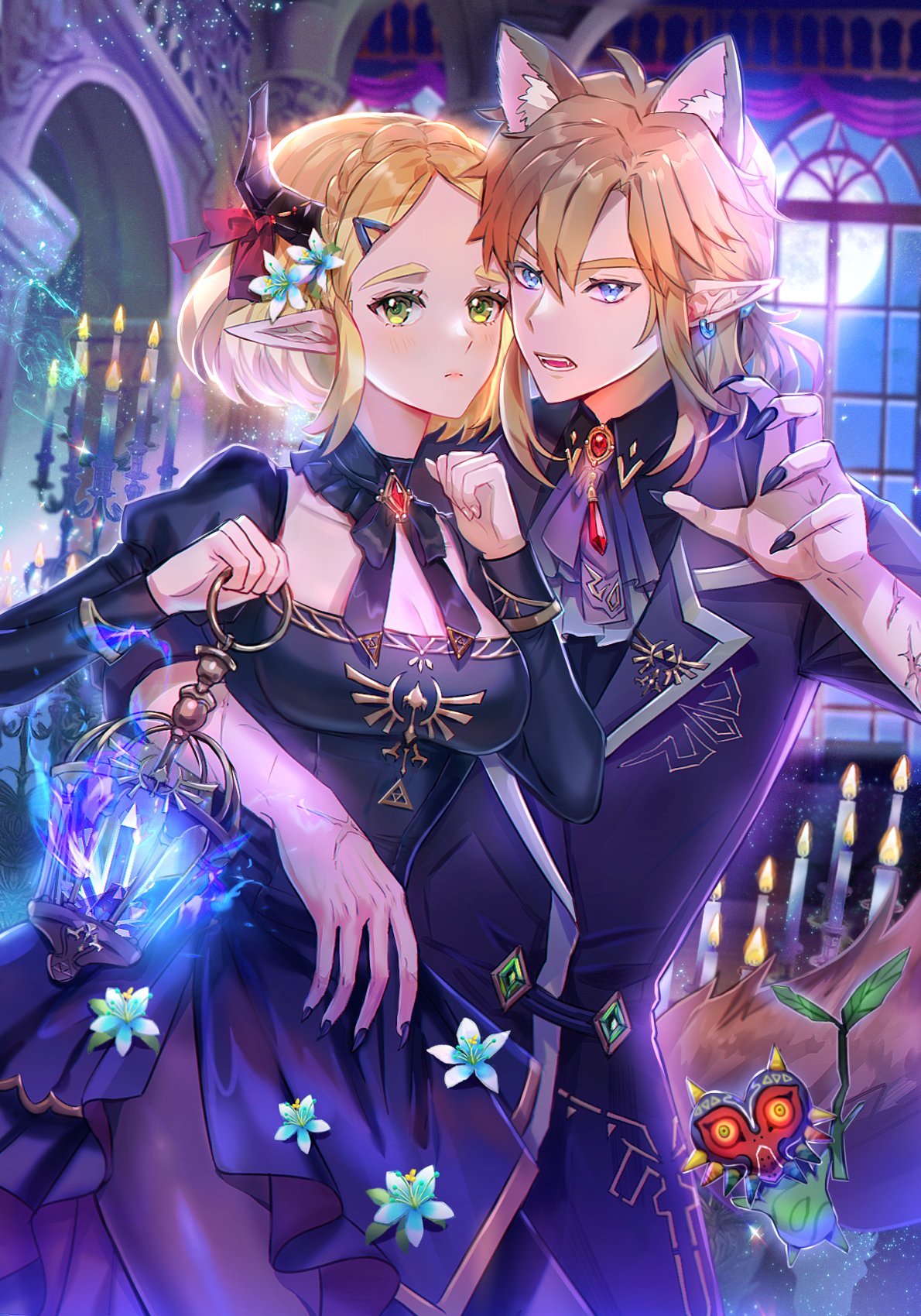 1boy, 1girl, ahoge, animal_ear_fluff, animal_ears, arch, arm_around_waist, bangs, black_dress, black_legwear, black_nails, black_ribbon, blonde_hair, blue_dress, blue_eyes, braid, brooch, brown_hair, candle, candlestand, claw_pose, cowboy_shot, crown_braid, crystal, detached_collar, dress, earrings, extra_ears, fingernails, flower, frown, full_moon, gem, green_eyes, hair_flower, hair_ornament, hair_ribbon, halloween_costume, hands_up, hetero, highres, holding, holding_lantern, horn_ornament, horn_ribbon, horns, indoors, jacket, jewelry, juliet_sleeves, kkamang_egg, lantern, light_particles, link, lipstick, long_fingernails, long_sleeves, looking_at_viewer, makeup, matching_outfit, moon, neck_ribbon, night, pantyhose, pointy_ears, princess_zelda, puffy_sleeves, purple_ribbon, ribbon, ruby_(gemstone), scar, scar_on_arm, sharp_fingernails, short_hair, side_slit, sidelocks, the_legend_of_zelda, window, wolf_ears
