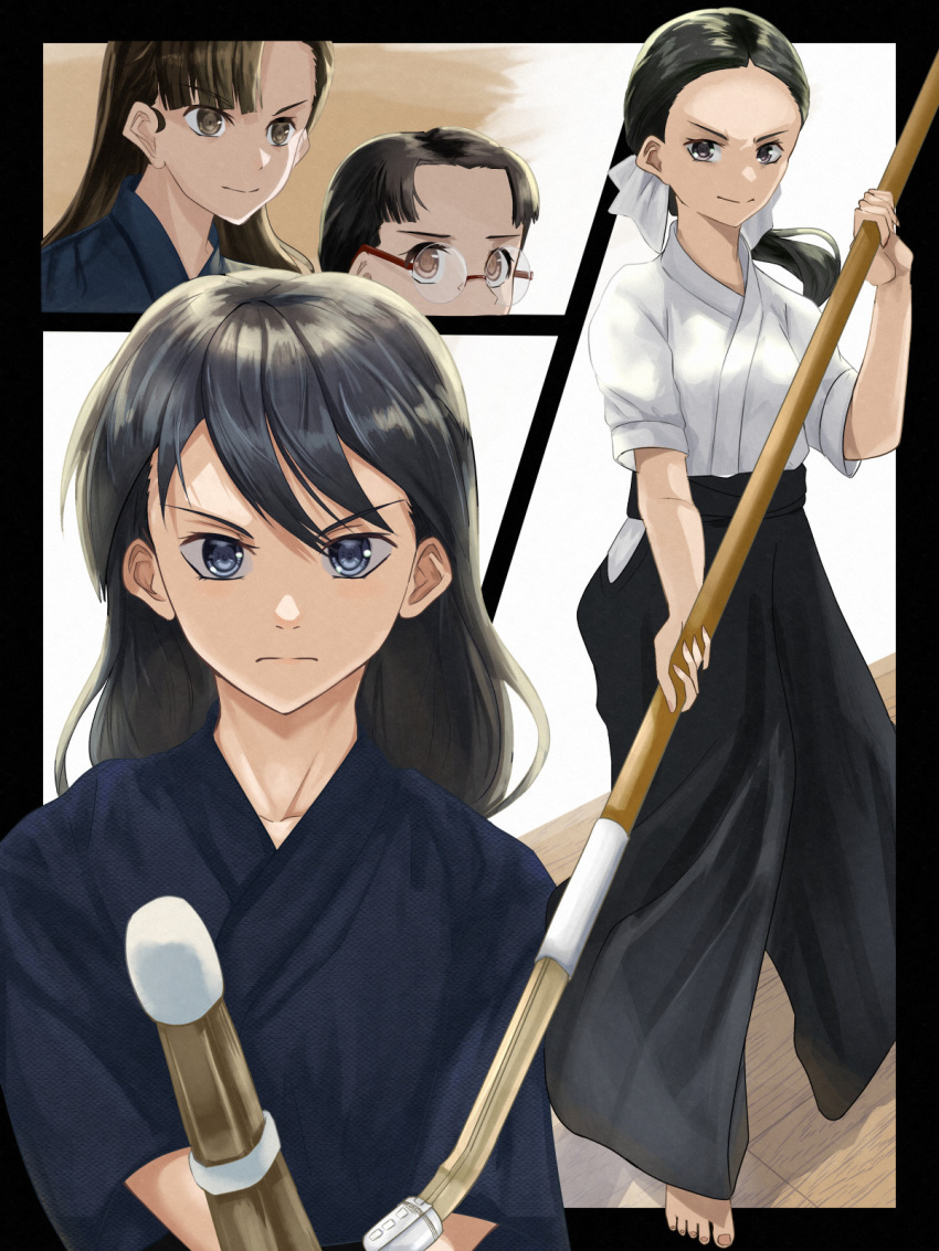 4girls, asymmetrical_bangs, bangs, barefoot, black_border, black_eyes, black_hair, black_hakama