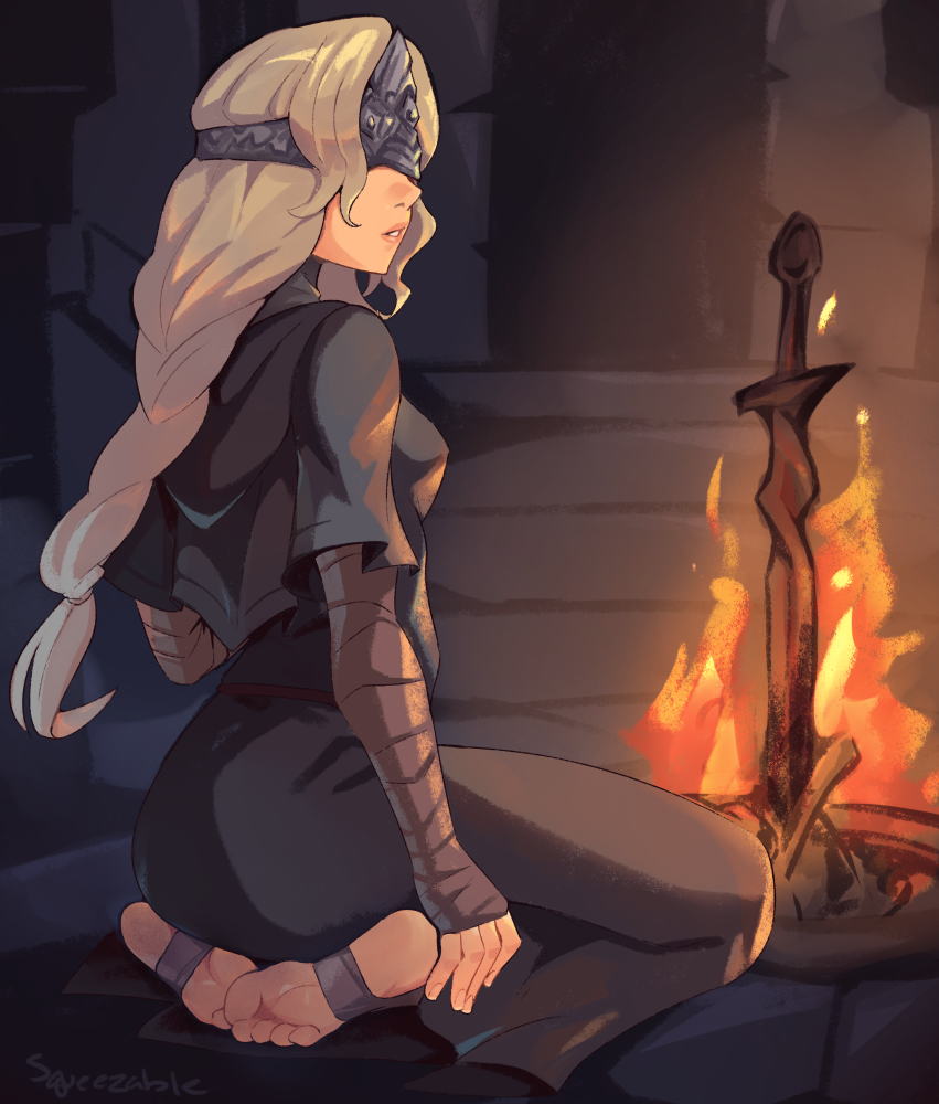 1girl, bandaged_arm, bandages, barefoot, blindfold, bonfire_(dark_souls), braid, braided_ponytail
