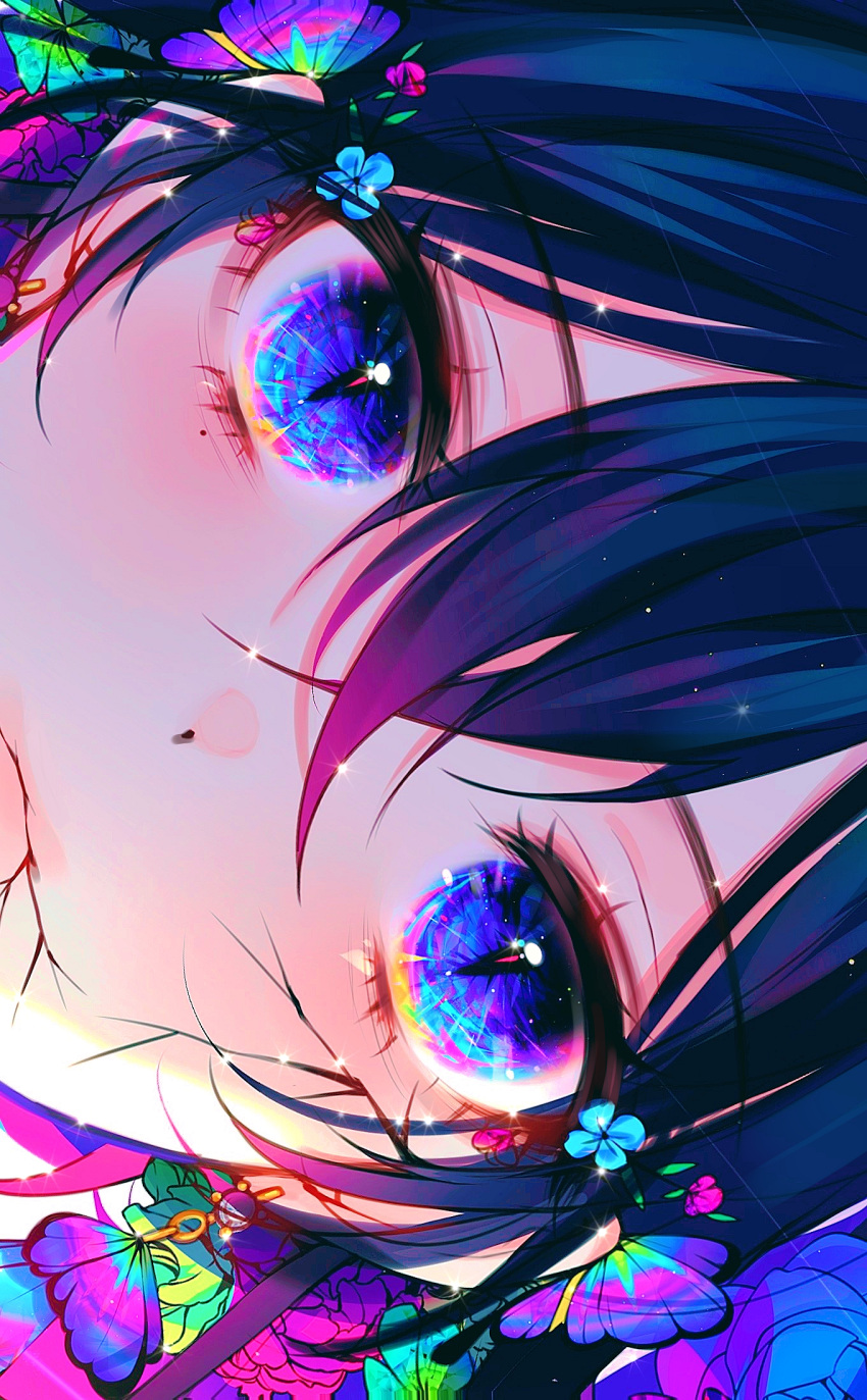 1girl, bangs, blue_eyes, blue_hair, branch, bug, butterfly, butterfly_earrings