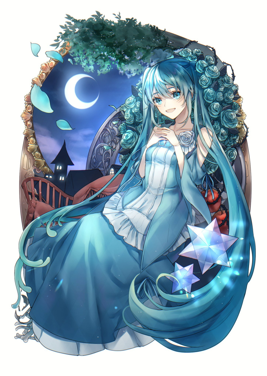 1girl, apple, aqua_dress, aqua_eyes, aqua_hair, aqua_rose, aryuma772, bare_shoulders