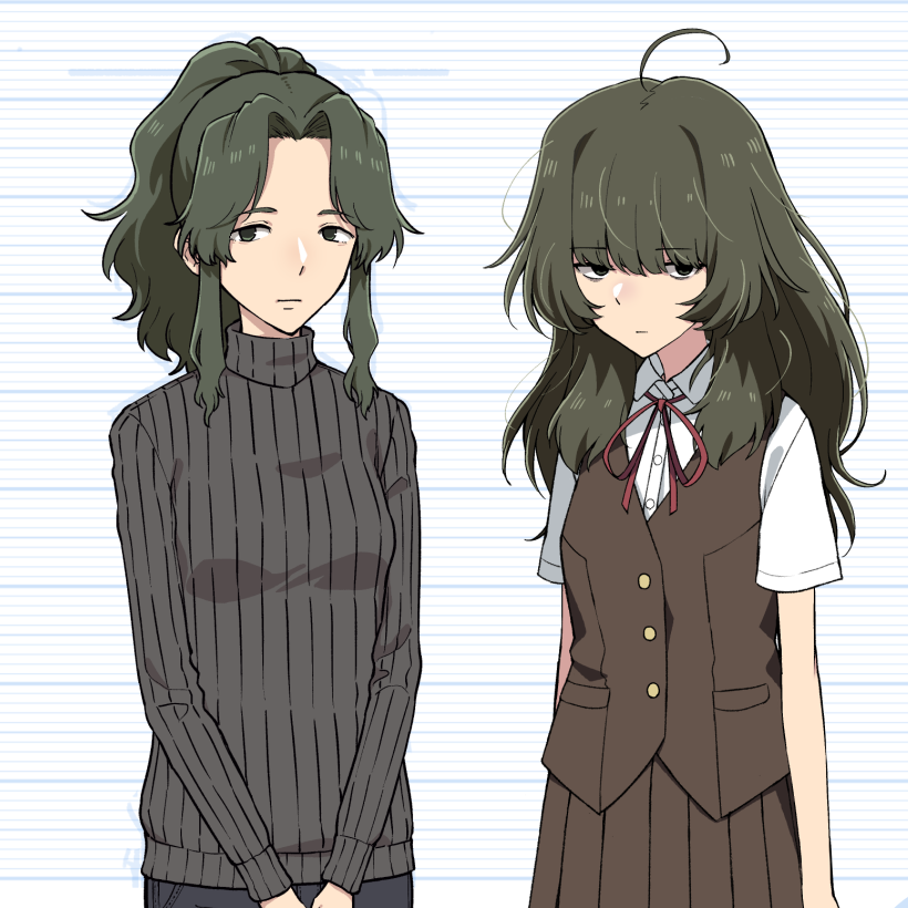2girls, ahoge, bangs, brown_vest, commentary, covered_eyes, grey_sweater, hair_over_eyes