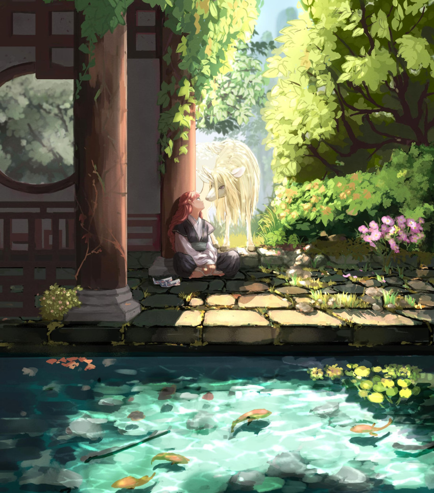 1girl, bangs, barefoot, bush, chinese_clothes, crack, fish, flower