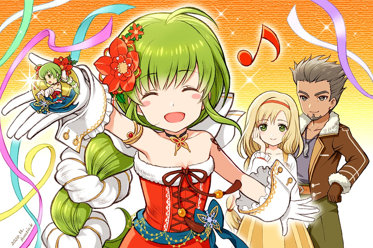 1boy, 2girls, amazio_komeko, artist_name, bare_shoulders, beard, blonde_hair, bow