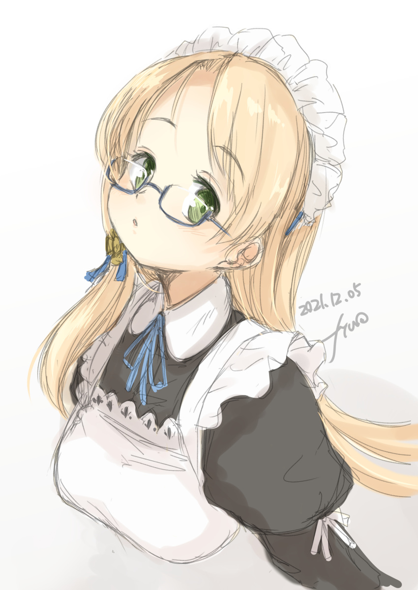 absurdres, alternate_costume, apron, bangs, black_dress, blonde_hair, blunt_bangs, cropped_torso