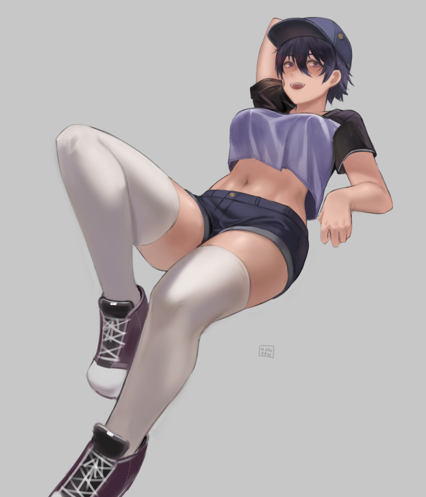 1girl, baseball_cap, black_hair, breasts, cropped_shirt, dated_commentary, eyebrows_visible_through_hair, grey_background