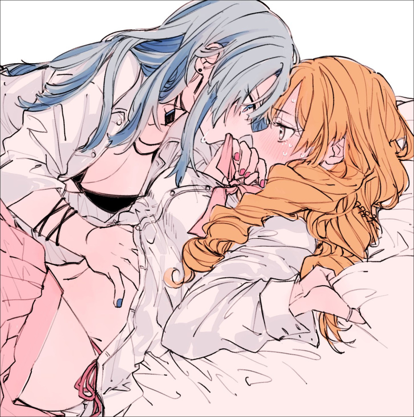 2girls, amane_(7783), blue_eyes, blue_hair, blue_nails, blush, breasts, character_request