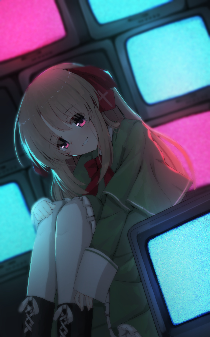 1girl, absurdres, blonde_hair, boots, hair_ribbon, highres, hosaka_nanami, knees_up