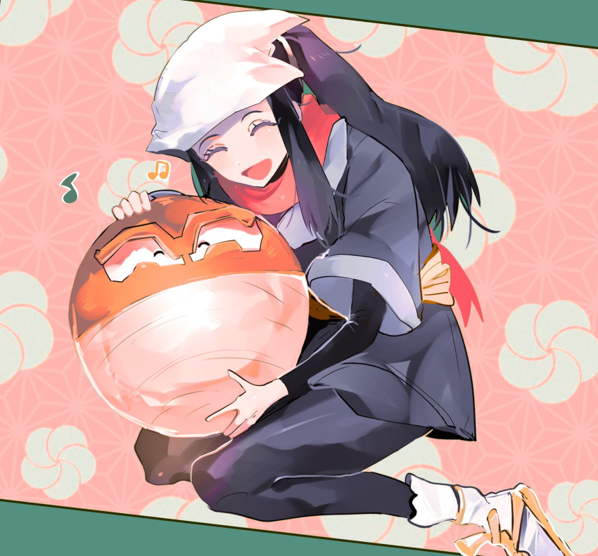 1girl, :d, akari_(pokemon), black_hair, black_undershirt, commentary_request, grey_jacket, happy
