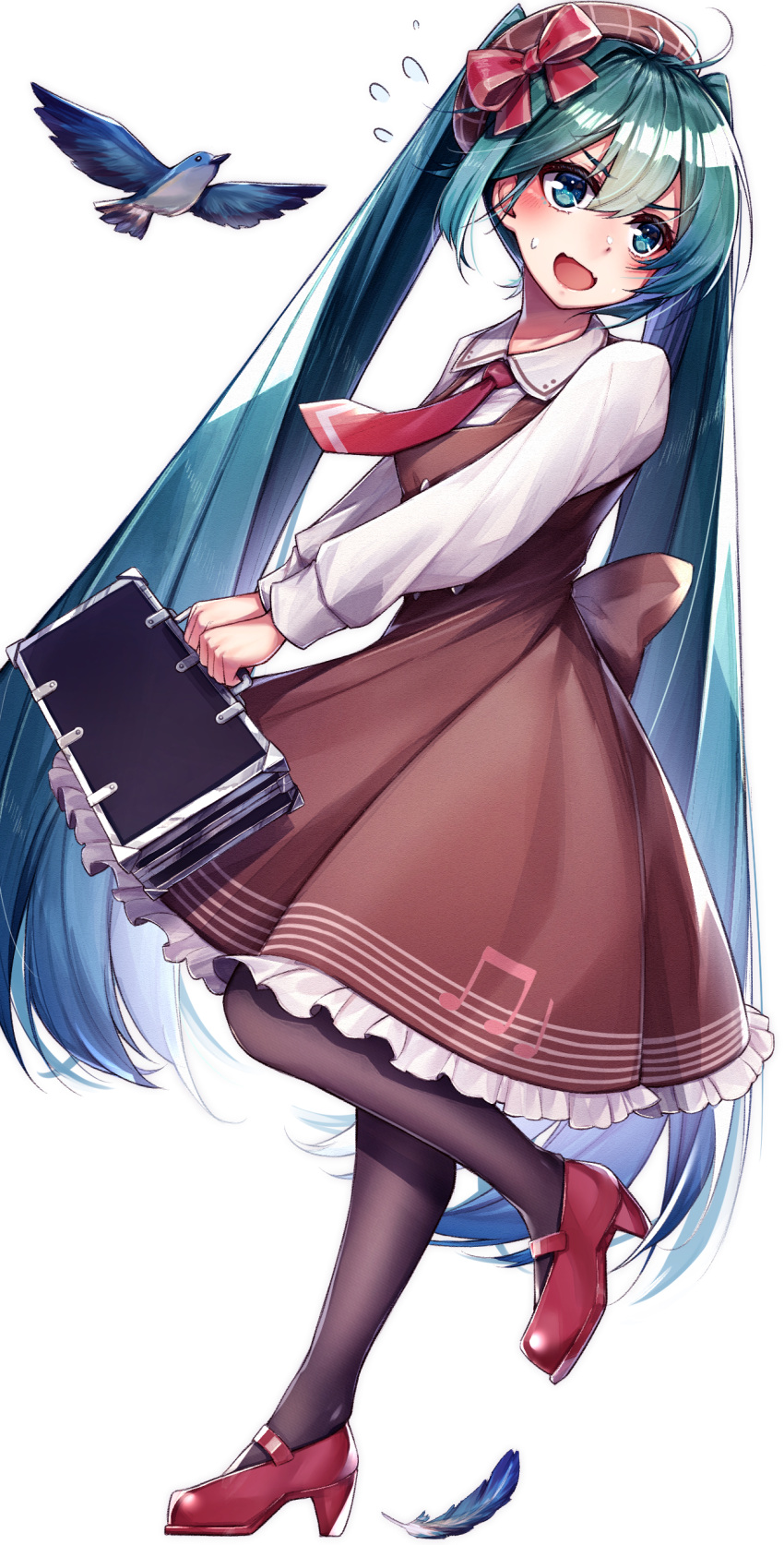 1girl, :d, absurdres, aqua_hair, bangs, bird, black_legwear, blue_eyes