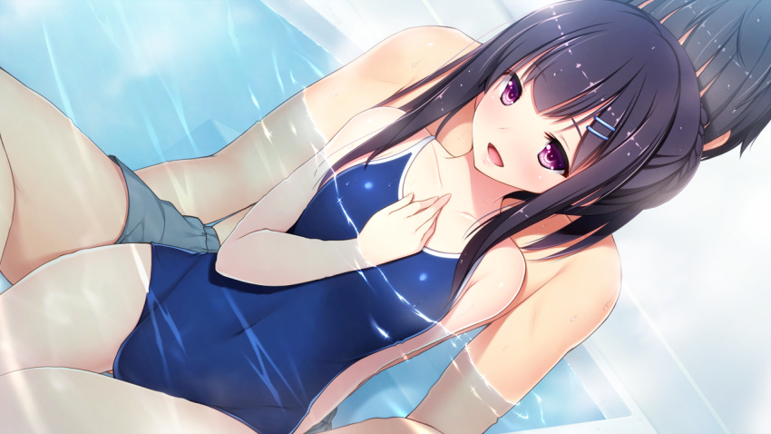 1boy, 1girl, :d, akino_subaru, bangs, black_hair, blue_swimsuit, breasts