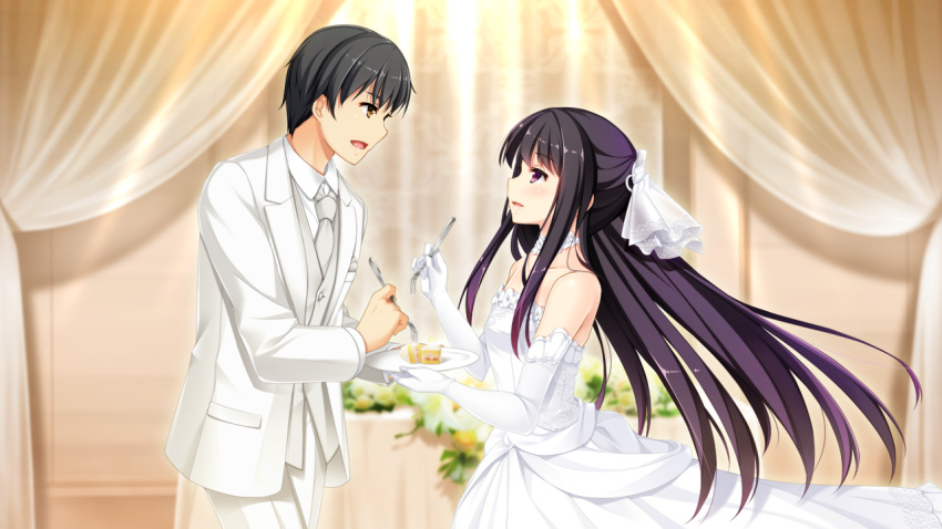 1boy, 1girl, :d, akino_subaru, bangs, black_hair, blurry, blurry_background