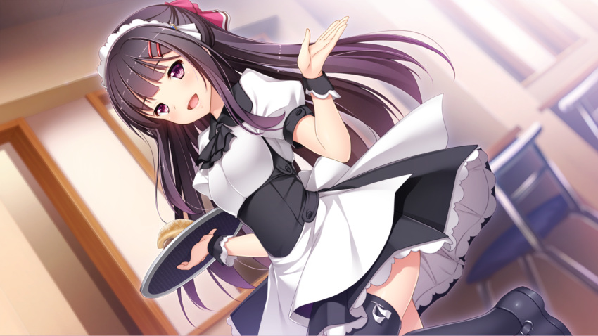 1girl, :d, akino_subaru, apron, ascot, bangs, black_footwear, black_hair