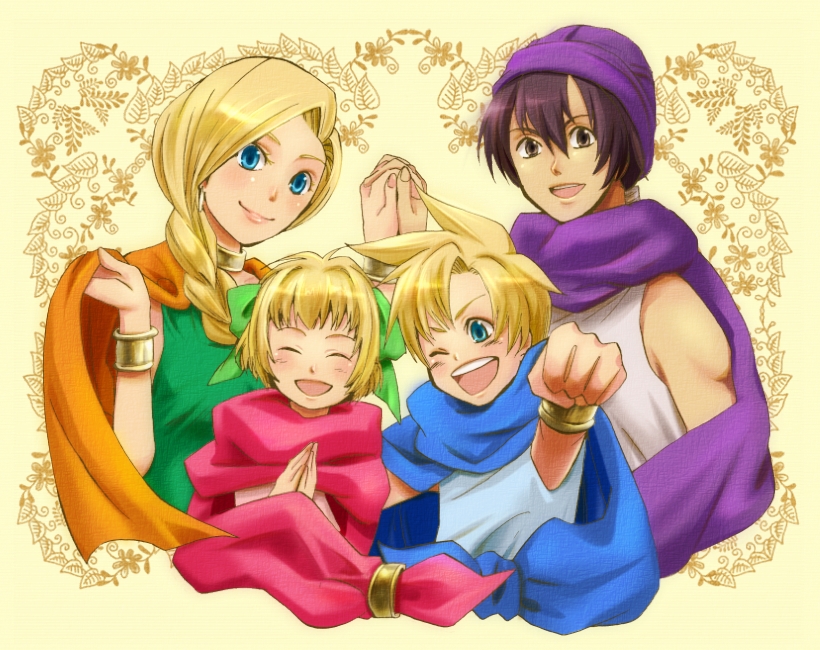 bianca's_daughter, bianca's_son, bianca's_daughter, bianca's_son, blonde_hair, blue_eyes, braid, cape, dragon_quest, dragon_quest_v, family, hand_holding, happy, hero_(dq5), holding_hands, shio_(orange_lounge), shio_(pixiv151189), single_braid, smile, turban