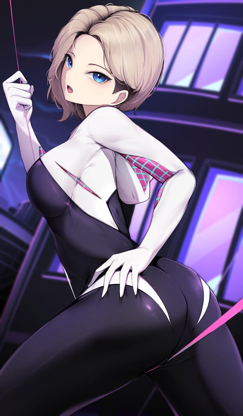 1girl, ass, asymmetrical_hair, blonde_hair, blue_eyes, bodysuit, breasts, building