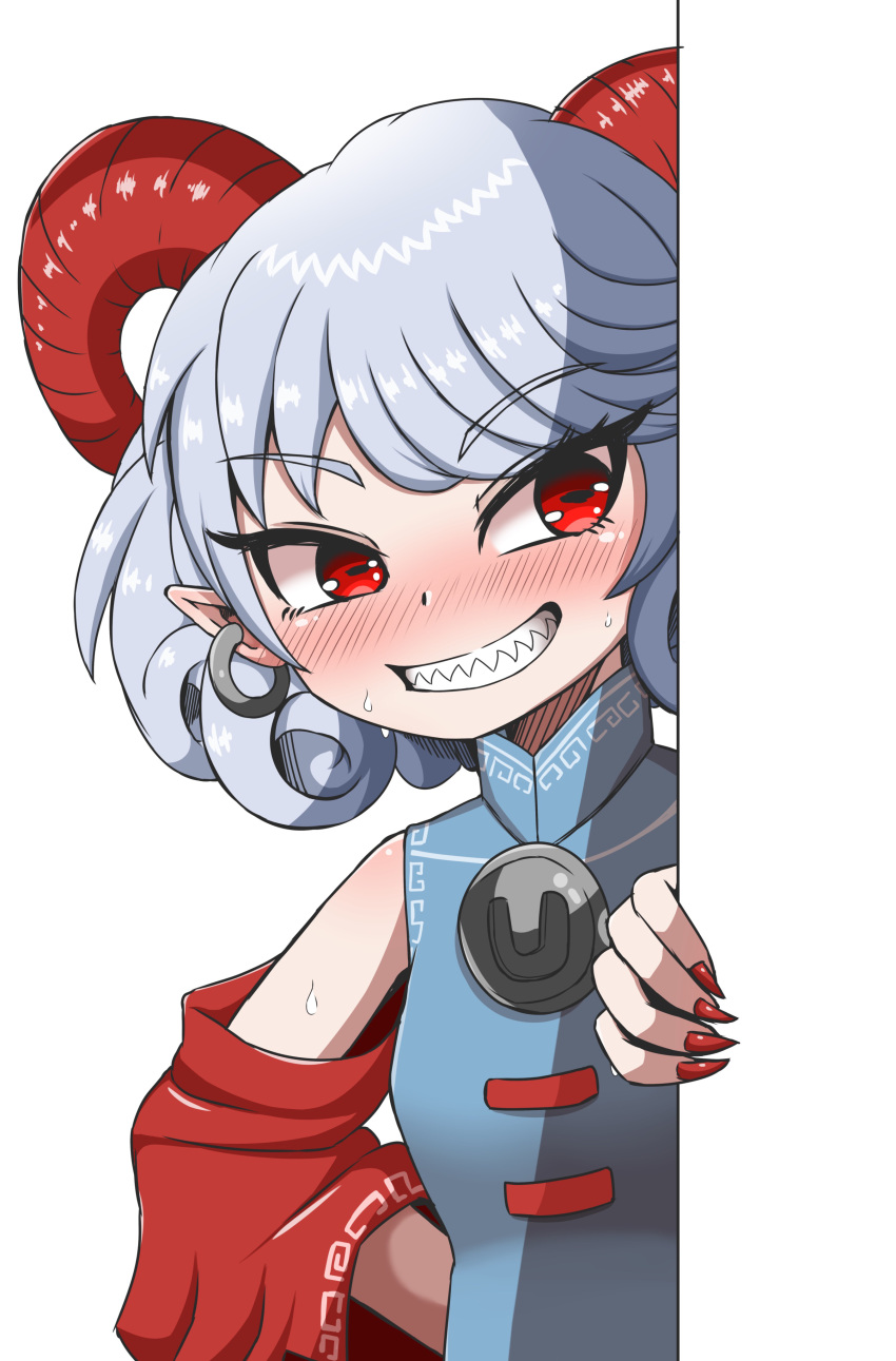 1girl, absurdres, blue_dress, blush, detached_sleeves, dress, earrings, fingernails, grin, highres, horizontal_pupils, horns, jewelry, mandarin_collar, meandros, patterned_clothing, pointy_ears, rectangular_pupils, red_eyes, red_horns, red_sleeves, sharp_fingernails, sharp_teeth, sheep_horns, smile, solo, teeth, touhou, toutetsu_yuuma, tsuchinokonoko, white_hair