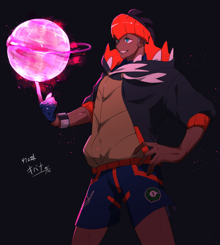 1boy, black_hair, black_hoodie, character_name, commentary_request, dark-skinned_male, dark_skin, dynamax_ball, dynamax_band, earrings, gloves, glowing, green_eyes, grin, hand_on_hip, highres, holding, holding_poke_ball, hood, hoodie, jewelry, male_focus, nukoshigure, orange_headband, poke_ball, pokemon, pokemon_(game), pokemon_swsh, raihan_(pokemon), short_hair, shorts, single_glove, smile, solo, teeth, undercut