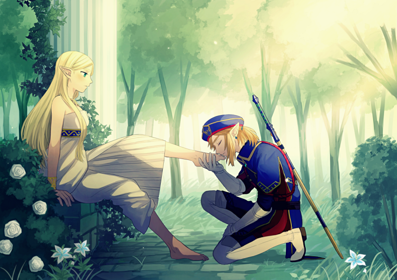 1boy, 1girl, bangs, bare_shoulders, barefoot, belt, beret, blonde_hair, blue_coat, blue_flower, blue_headwear, blush, boots, bracelet, breasts, bush, closed_eyes, closed_mouth, coat, commentary, day, dress, earrings, feet, flower, forest, from_side, gloves, grass, green_eyes, hair_tie, half-closed_eyes, hand_up, hat, ivy, jewelry, kissing_foot, light_rays, link, long_hair, long_sleeves, looking_at_another, master_sword, nature, necklace, one_knee, outdoors, parted_bangs, pillar, pointy_ears, ponytail, princess_zelda, profile, rose, royal_guard_set_(zelda), sheath, sheathed, shijima_(4jima), short_hair, sidelocks, silent_princess, small_breasts, strapless, strapless_dress, the_legend_of_zelda, the_legend_of_zelda:_breath_of_the_wild, thigh-highs, thigh_boots, tied_hair, weapon, weapon_on_back, white_dress, white_flower, white_footwear, white_gloves, white_legwear, white_rose