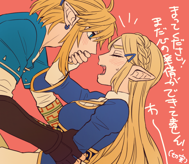 1boy, 1girl, arm_up, bangs, blonde_hair, blue_eyes, blue_shirt, blush, braid, breasts, brown_gloves, closed_eyes, commentary, covering_another's_mouth, crown_braid, ear_blush, earrings, embarrassed, fingerless_gloves, flat_color, from_side, gloves, hair_ornament, hair_tie, hairclip, half-closed_eyes, hetero, holding_another's_arm, jewelry, layered_sleeves, leaning_back, leaning_forward, link, long_hair, long_sleeves, looking_at_another, medium_breasts, notice_lines, open_mouth, pants, parted_bangs, pointy_ears, princess_zelda, profile, red_background, shijima_(4jima), shirt, short_hair, short_over_long_sleeves, short_sleeves, sidelocks, simple_background, teeth, text_focus, the_legend_of_zelda, the_legend_of_zelda:_breath_of_the_wild, tied_hair, translation_request, undershirt, vambraces, white_pants