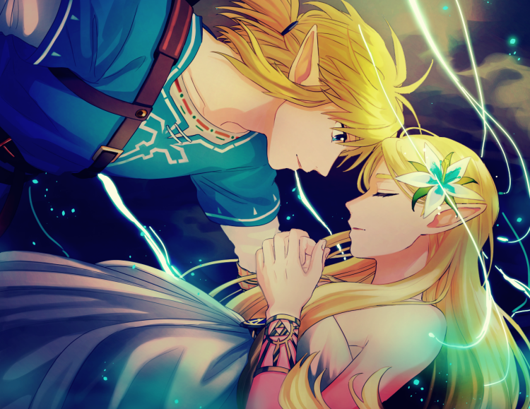1boy, 1girl, aura, bangs, bare_shoulders, blonde_hair, blue_eyes, blue_flower