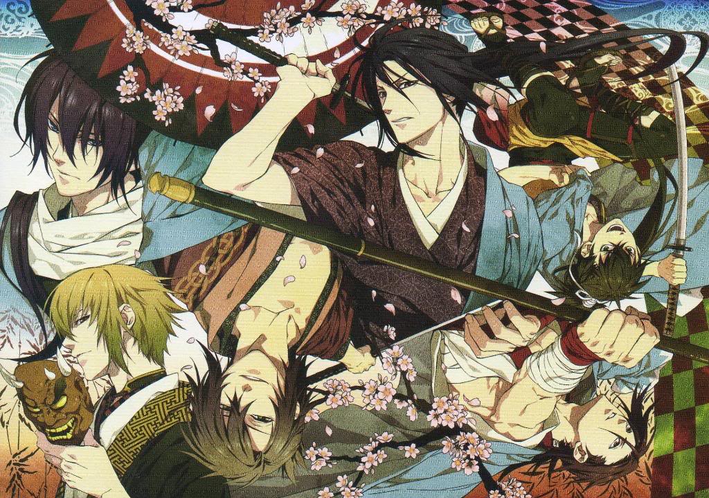 bandage, black_hair, blonde_hair, blue_eyes, brown_eyes, brown_hair, chikage_kazama, game, group, hakuouki, hakuouki_shinsengumi_kitan, harada_sanosuke, hijikata_toshizo, japanese_clothes, katana, long_hair, male, mask, okita_souji, saitou_hajime, sakura, samurai, scarf, short_hair, sword, toudou_heisuke, umbrella, wagasa, wallpaper, weapon, yukata