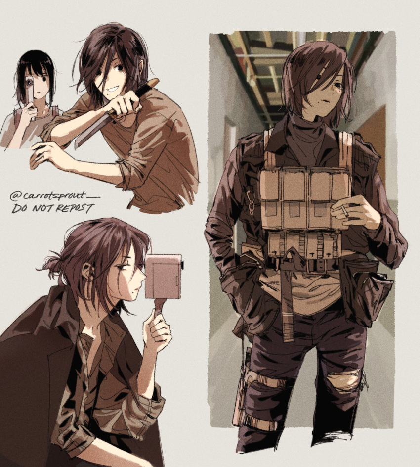 1boy, 1girl, alternate_costume, androgynous, artist_name, bangs, black_hair, bulletproof_vest