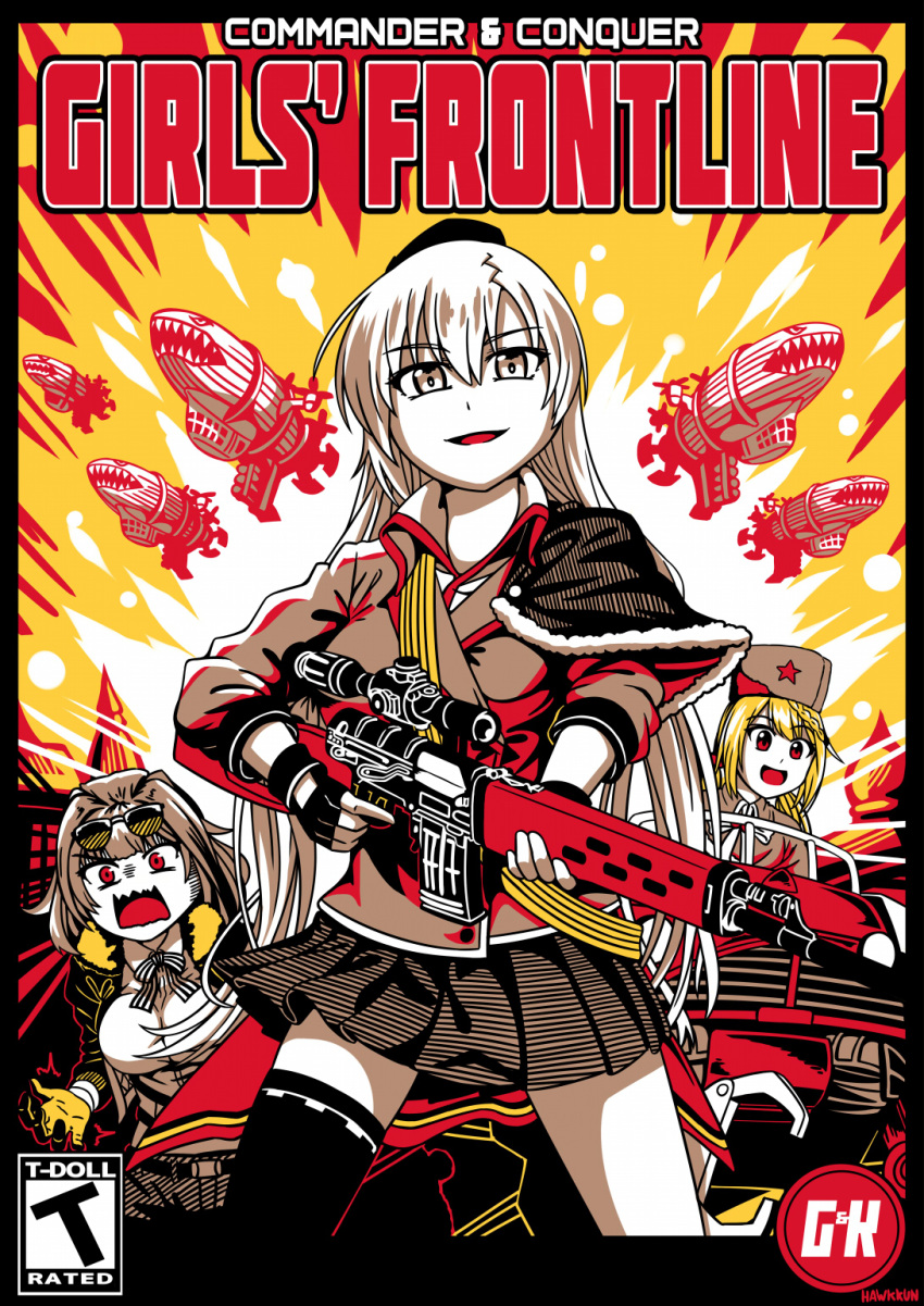 3girls, aircraft, aviator_sunglasses, capelet, command_and_conquer, command_and_conquer:_red_alert_3, dirigible, dragunov_svd, english_commentary, eyewear_on_head, fingerless_gloves, fur_hat, garrison_cap, girls_frontline, gloves, grizzly_mkv_(girls'_frontline), gun, hat, highres, holding, holding_gun, holding_weapon, kirov_airship, long_hair, military_hat, miniskirt, multiple_girls, parody, pleated_skirt, ppsh-41_(girls'_frontline), red_star, rifle, senpaihawkkun, short_hair, single_thighhigh, skirt, sniper_rifle, sunglasses, svd_(girls'_frontline), thigh-highs, ushanka, weapon