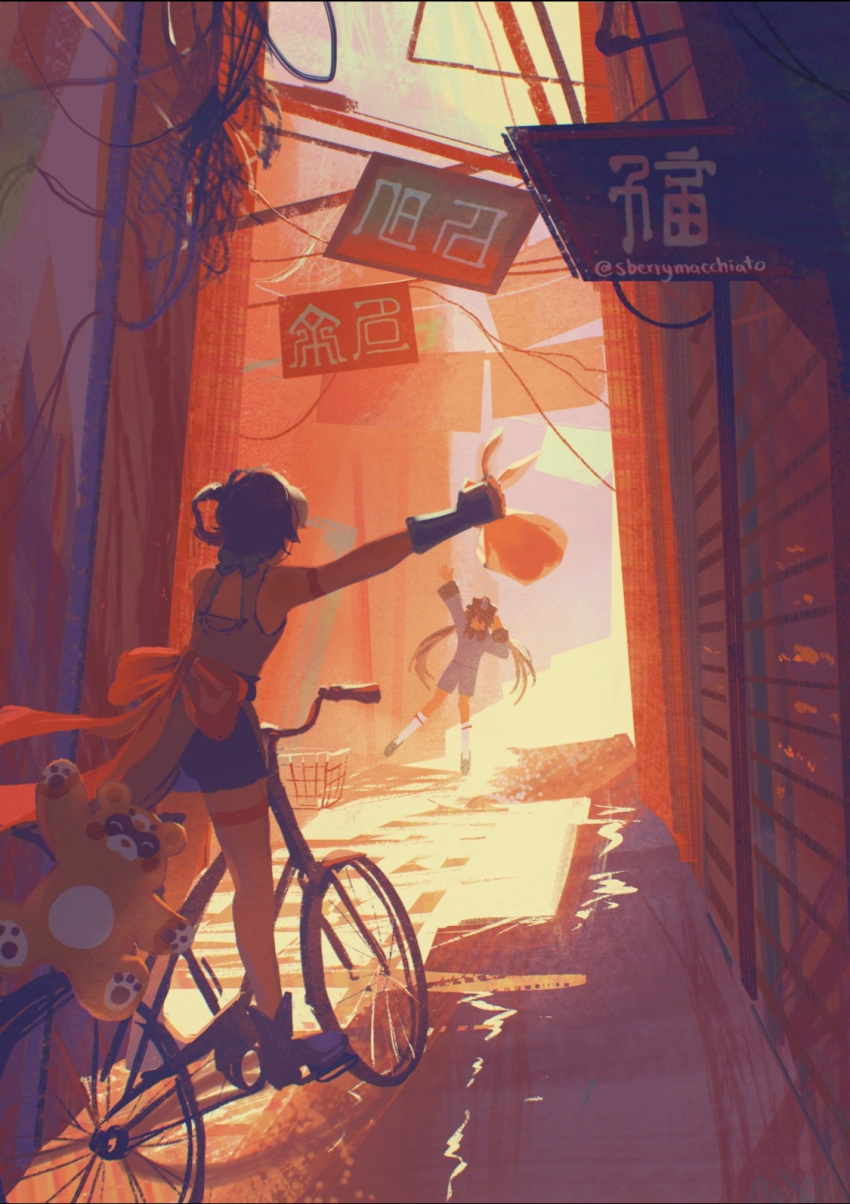 2girls, artist_name, bag, bicycle, genshin_impact, gloves, ground_vehicle, guoba_(genshin_impact)