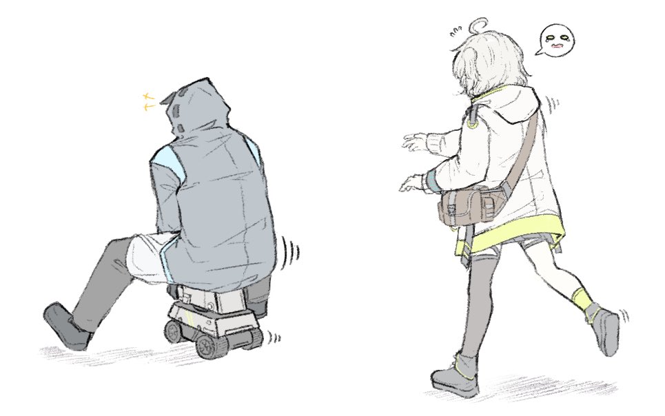 1girl, 1other, ahoge, arknights, bag, doctor_(arknights), hooded_coat, jb_ryshamr, riding, running, satchel, scene_(arknights), single_thighhigh, spoken_expression, thigh-highs, white_background