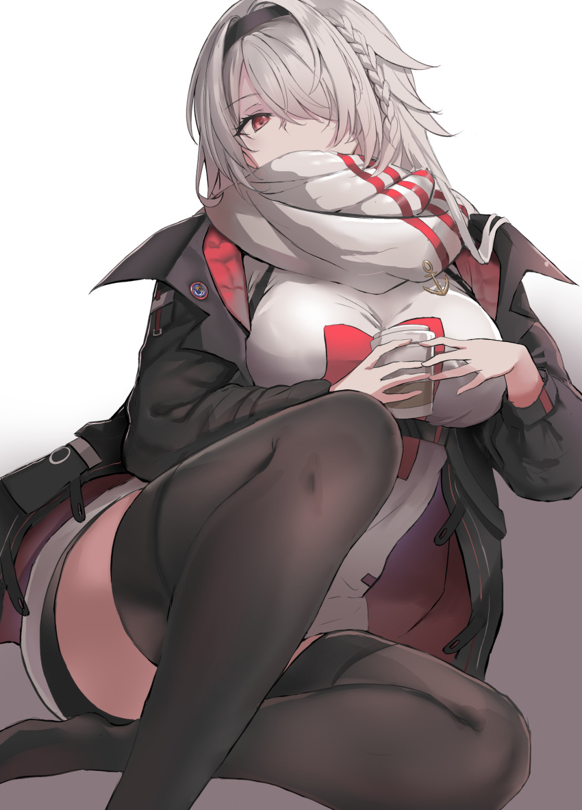 1girl, azur_lane, black_hairband, black_jacket, black_legwear, braid, breasts, colorado_(azur_lane)