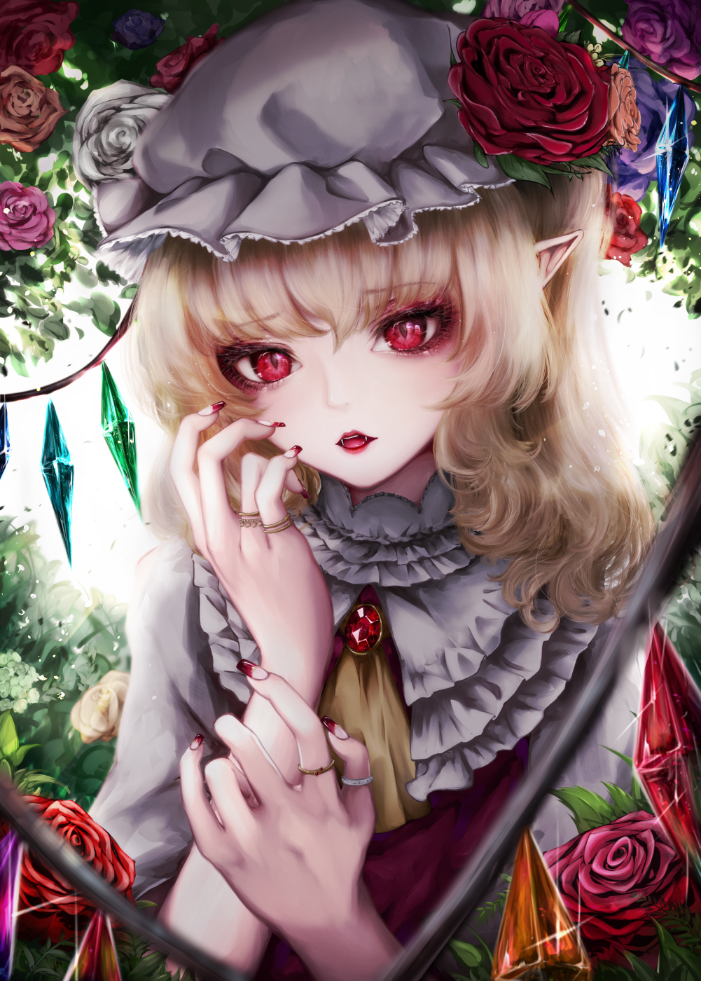 1girl, backlighting, blonde_hair, brooch, crystal, flandre_scarlet, flower, glint, hat, hat_flower, highres, jewelry, long_hair, looking_at_viewer, mizuhichi, mob_cap, overexposure, purple_flower, red_eyes, red_flower, rose, solo, touhou, white_flower, wings