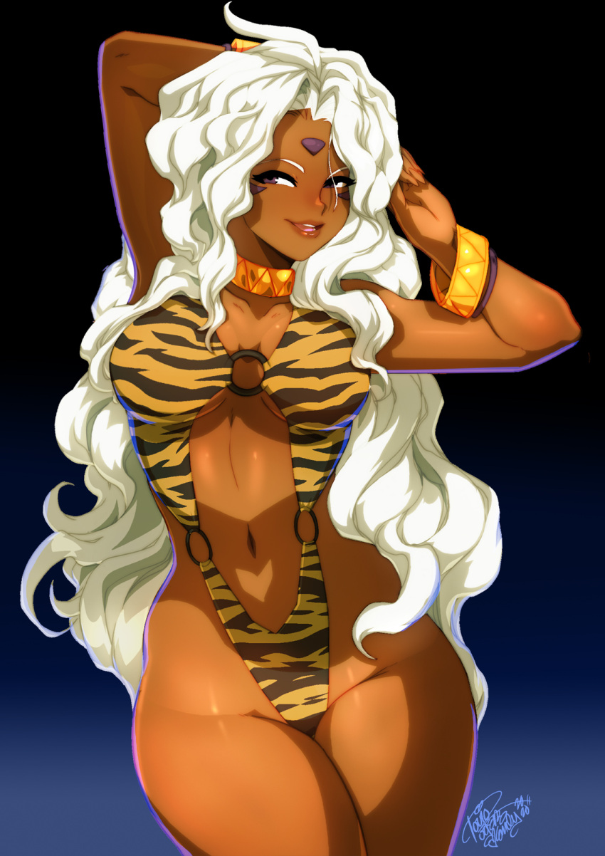 1girl, aa_megami-sama, ahoge, animal_print, bracelet, breasts, choker, curvy