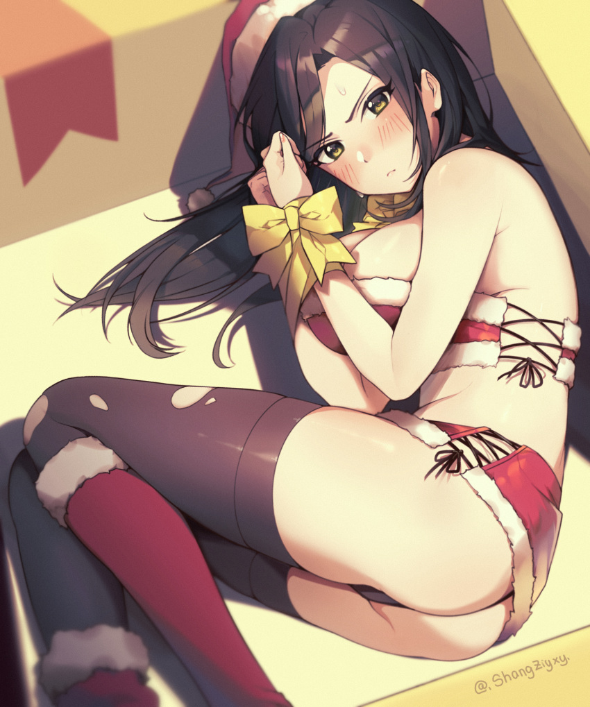 1girl, armpit_crease, asymmetrical_footwear, black_hair, black_panties, blush, bound, bound_wrists