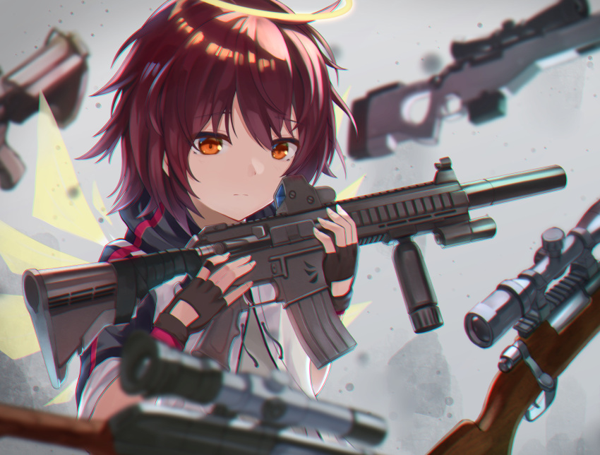 1girl, akabane_hibame, arknights, assault_rifle, black_gloves, black_legwear, black_skirt, bolt_action