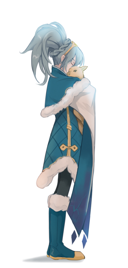 1girl, alternate_skin_color, animal, animal_hug, bangs, black_legwear, braid, closed_eyes