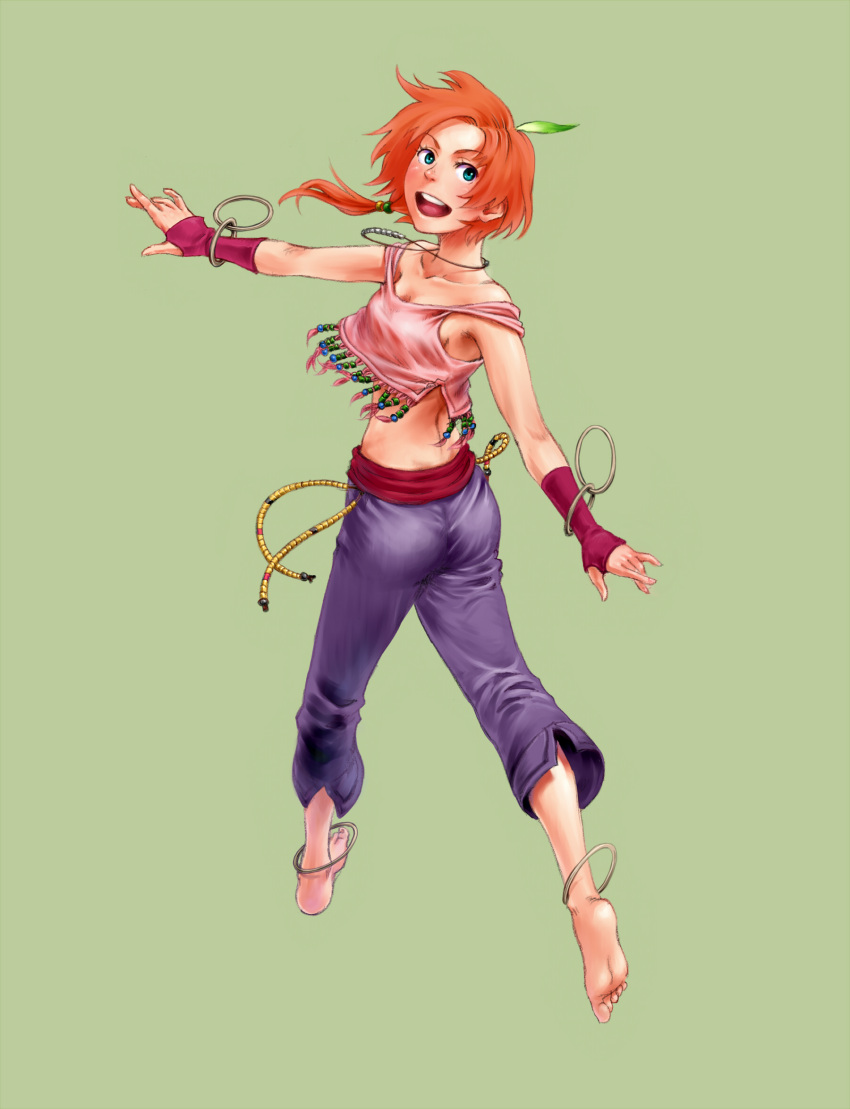 absurdres, anklet, barefoot, blue_eyes, bracelet, capri_pants, capris, dancer, feet, fingerless_gloves, gloves, highres, jewelry, midriff, necklace, original, red_hair, redhead, smile, soles, solo, tank_top, tied_hair, toes, tribal