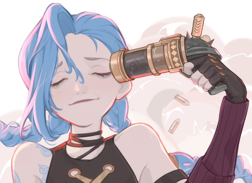 1girl, arcane:_league_of_legends, asymmetrical_bangs, bangs, bare_shoulders, blue_hair, braid, brown_gloves, brown_shirt, closed_eyes, closed_mouth, cloud_tattoo, commentary_request, detached_sleeves, fingerless_gloves, gloves, grey_background, gun, gun_to_head, highres, holding, holding_gun, holding_weapon, jinx_(league_of_legends), league_of_legends, long_hair, qin_da_xing, shirt, shoulder_tattoo, sleeveless, smile, solo, tattoo, twin_braids, weapon