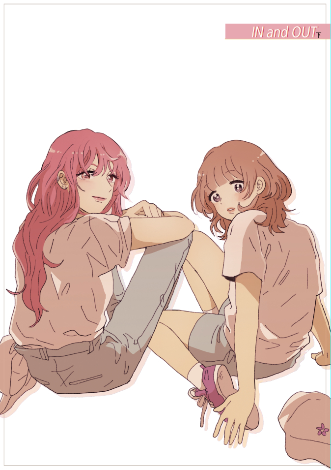 2girls, ankle_socks, bangs, baseball_cap, blunt_bangs, brown_eyes, brown_hair, denim