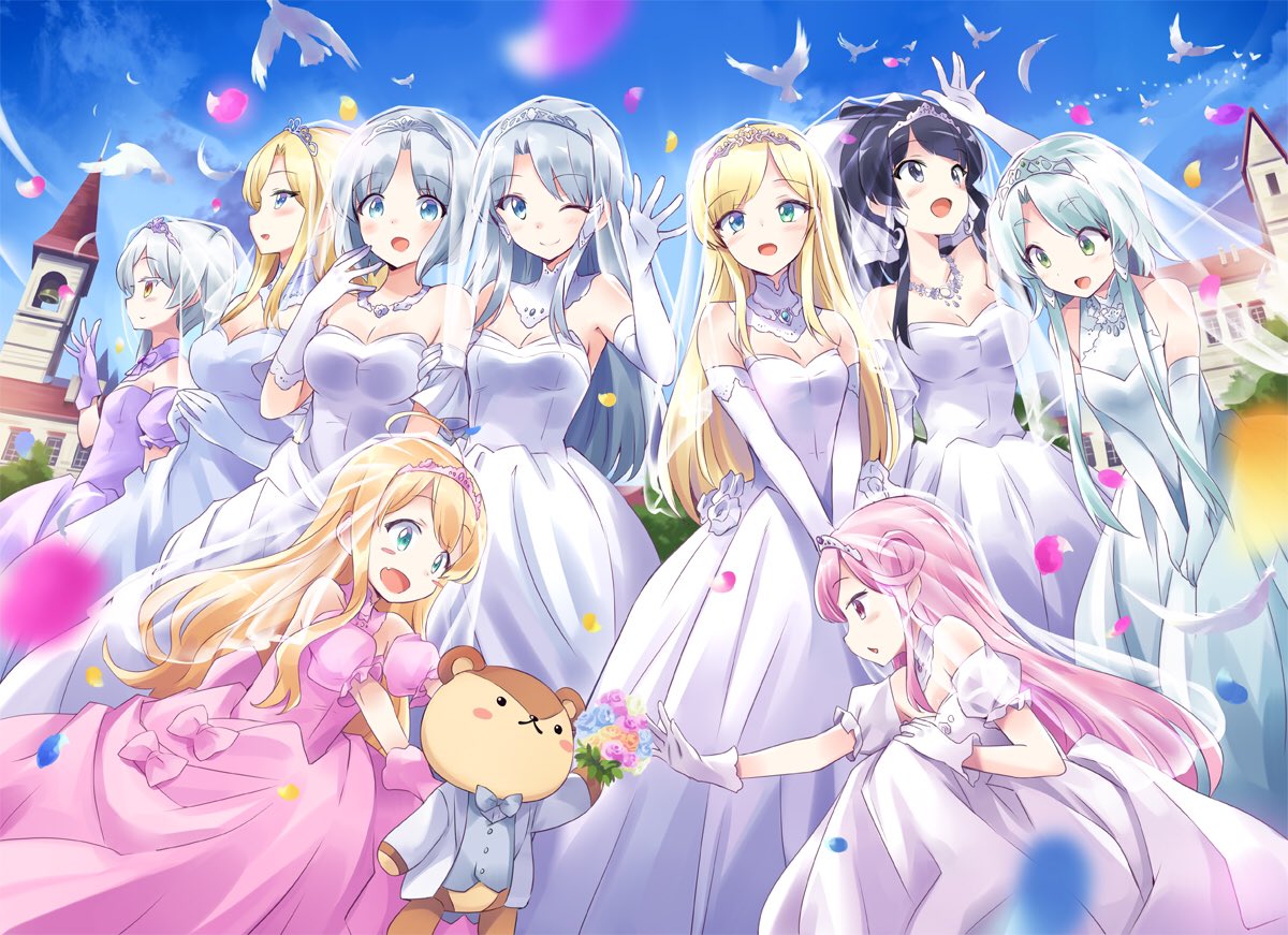 bangs, black_hair, blonde_hair, blue_eyes, blush, breasts, bridal_veil, bride, church, dress, else_shileska, elze_silhoueska, gloves, hair_ornament, harem, hildegard_minas_restia, isekai_wa_smartphone_to_tomo_ni., kokonoe_yae, leen_(isekai_wa_smartphone_to_tomo_ni.), linse_shileska, long_hair, looking_at_viewer, lucia_rea_regulus, multiple_girls, open_mouth, paula_(isekai_wa_smartphone_to_tomo_ni.), pink_dress, skirt, smile, soucie_elnea_ortlinde, usatsuka_eiji, veil, wedding, wedding_dress, white_dress, white_gloves, yumina_elnea_belfast