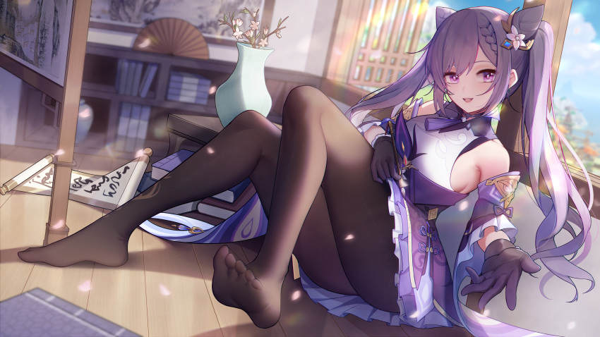 1girl, absurdres, bangs, bare_shoulders, book, braid, breasts, brown_legwear