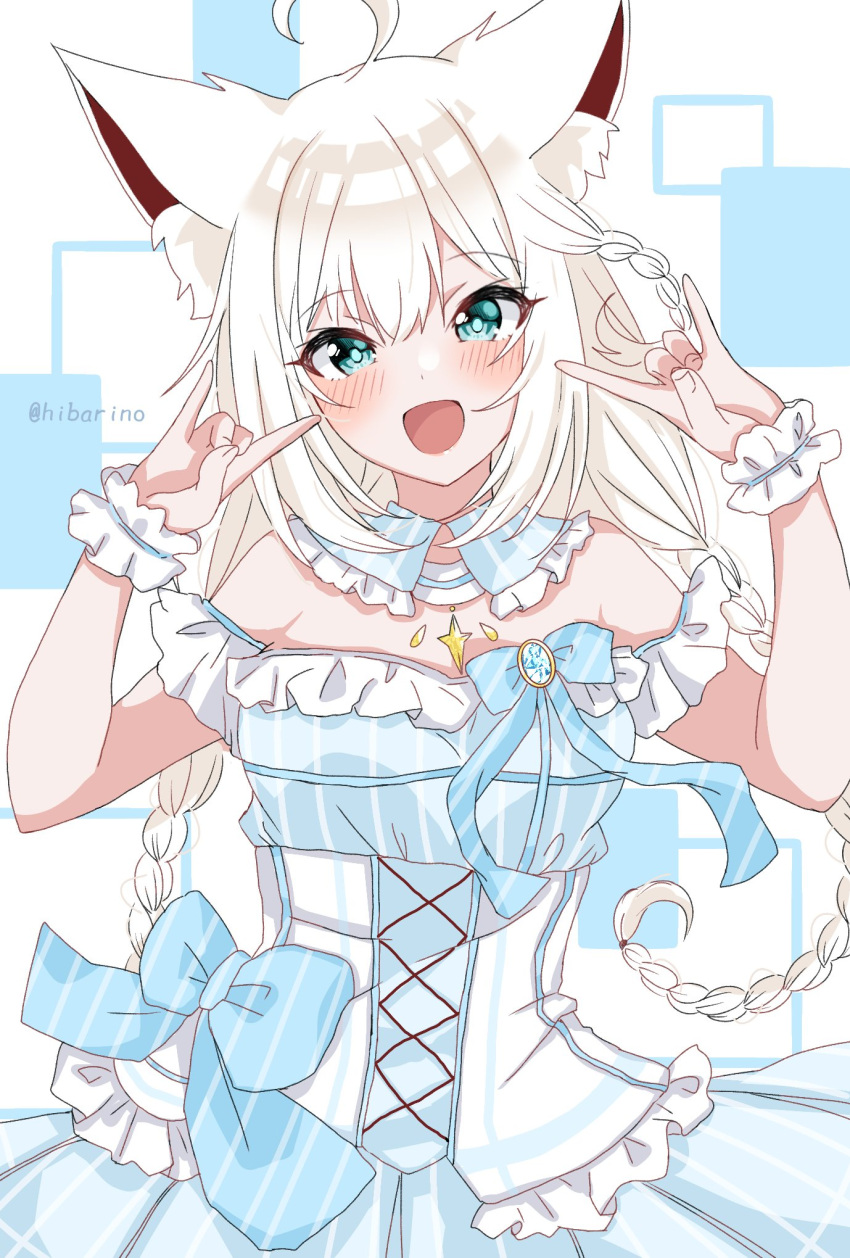 ahoge, animal_ear_fluff, animal_ears, arms_up, artist_name, bangs, bare_shoulders, blush