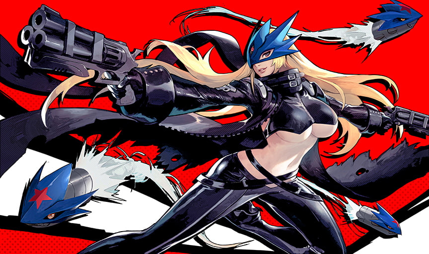1girl, artist_request, beelstarmon, belt, belt_collar, black_belt, black_footwear, black_gloves, black_jacket, black_pants, black_scarf, black_vest, blonde_hair, blue_eyes, breasts, bullet, collaboration, collaboration_request, collar, commentary_request, cropped_vest, digimon, digimon_(creature), dual_wielding, floating_hair, gloves, gun, heterochromia, high_heels, holding, holding_gun, holding_weapon, jacket, kai_e, large_breasts, leather, leather_jacket, leather_pants, long_hair, looking_at_viewer, mask, navel, nikusenpai, open_clothes, open_jacket, outstretched_arms, pants, parted_lips, red_background, red_eyes, scarf, sidelocks, smile, solo, sozomaika, standing, standing_on_one_leg, stomach, third_eye, tight, tight_pants, torn_jacket, two-tone_background, under_boob, vest, weapon, white_background, zipper
